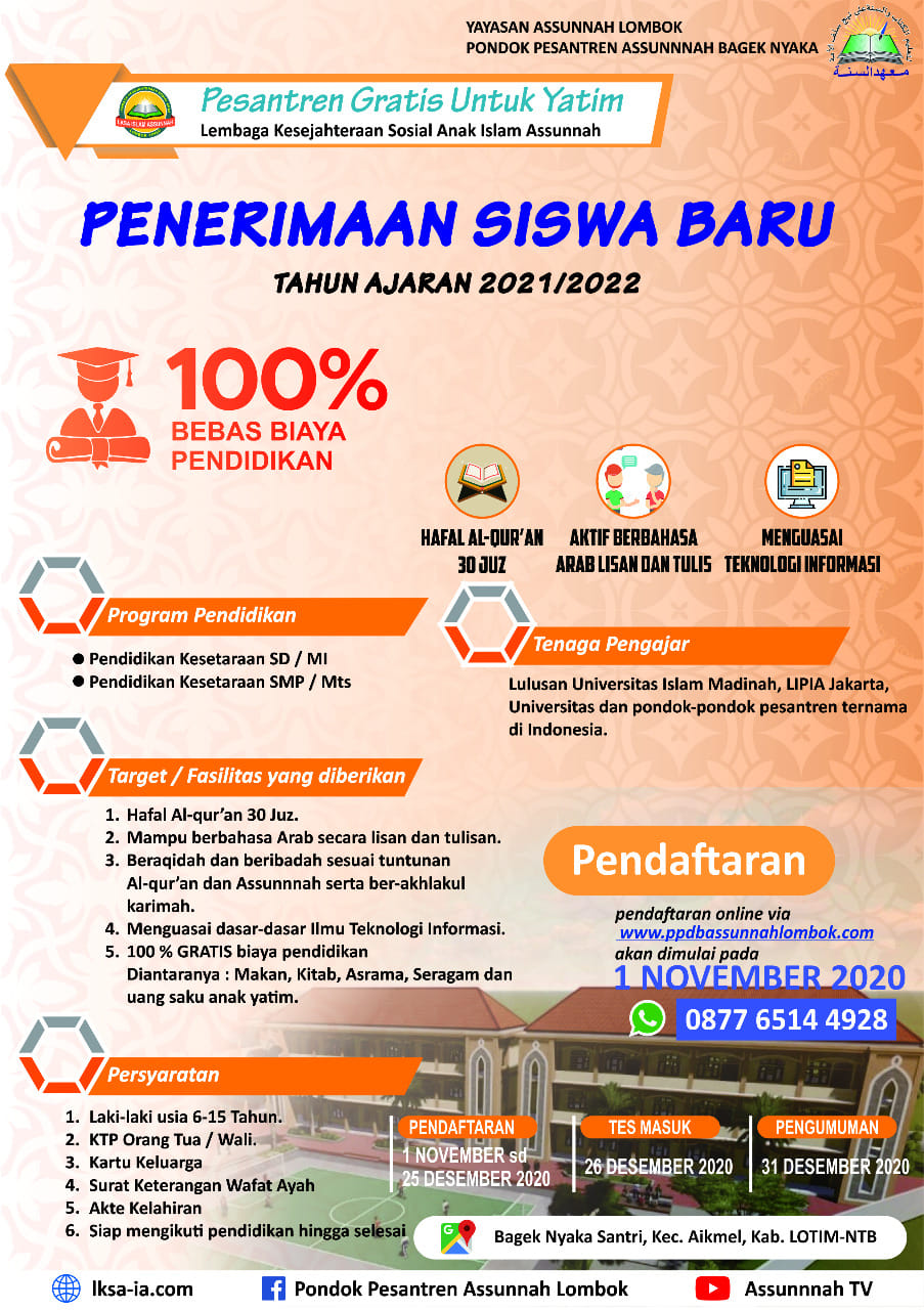 PENERIMAAN PESERTA DIDIK BARU PESANTREN GRATIS UNTUK YATIM T.P 2021/2022